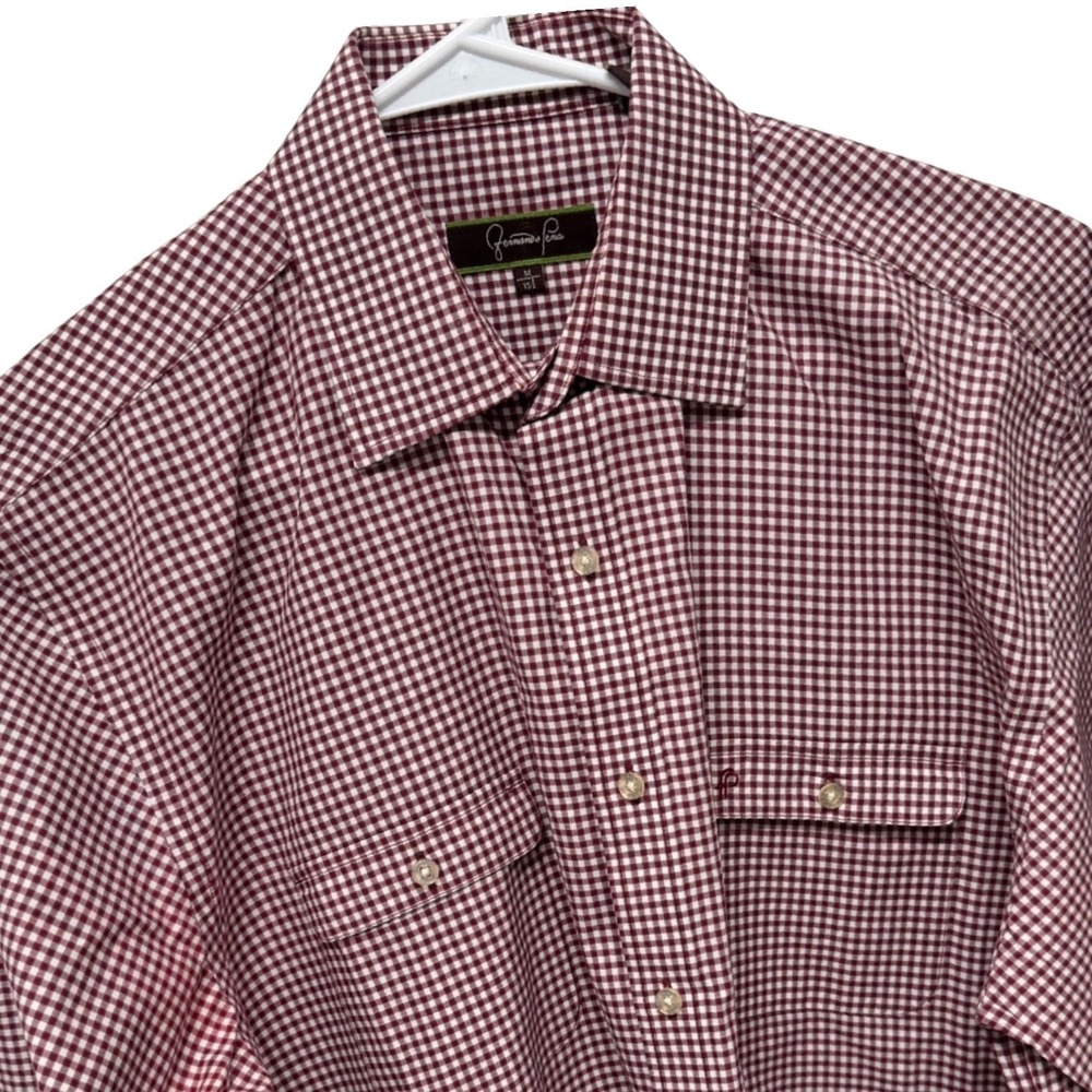 Fernando‎ Pena Mens Burgundy Gingham Check Cotton Button Down Shirt Size M 15.5